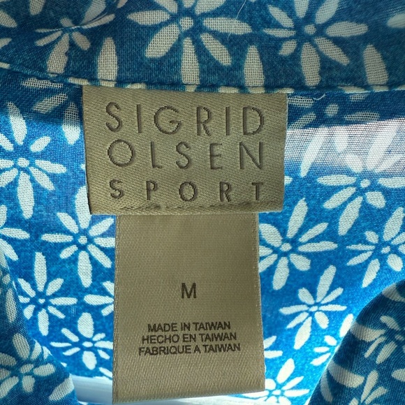 Sigrid Olsen Sport Blue Floral Button Down Shirt Contrast Trim Lightweight M - Picture 3 of 14